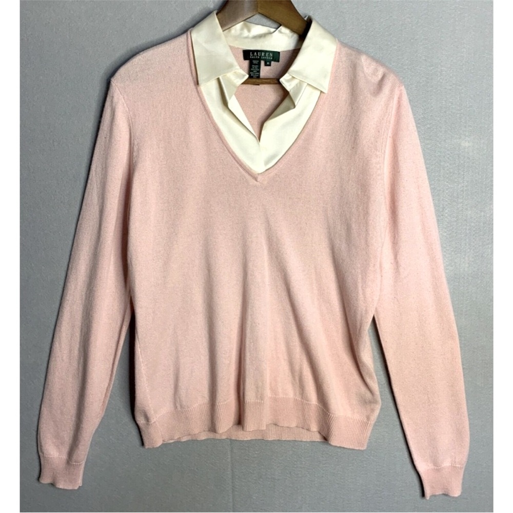 Lauren Ralph Pink V-Neck Sweater, Collar 100% Silk, body 85% Silk & 15% Cashmere